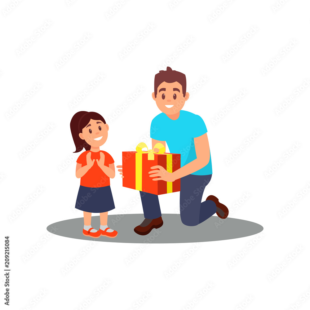 Volunteer giving gift to little girl. Social worker. Father congratulates daughter on her Birthday. Flat vector design Volunteer giving gift to little girl. Social worker. Father congratulates daughter on her Birthday. Flat vector design