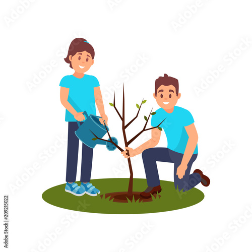 Two smiling volunteers planting tree. Man holding seedling, woman watering. People working in garden. Flat vector design