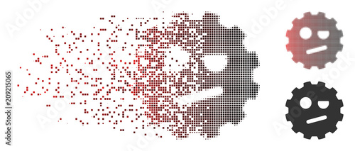 Vector negation smiley gear icon in fractured, dotted halftone and undamaged entire versions. Disintegration effect involves rectangular scintillas and horizontal gradient from red to black.