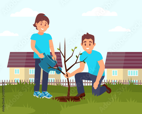 Two smiling volunteers planting tree. Little wooden fence and houses and sky on background. Flat vector design