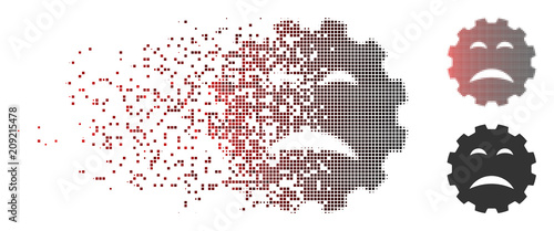 Vector sadly smiley gear icon in sparkle, dotted halftone and undamaged entire variants. Disappearing effect uses square scintillas and horizontal gradient from red to black.