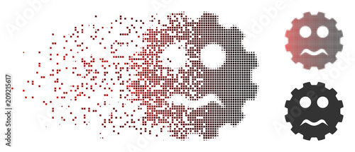 Vector serious smiley gear icon in sparkle, pixelated halftone and undamaged whole versions. Disappearing effect involves rectangle dots and horizontal gradient from red to black.