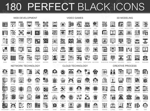 180 web development, video games, 3d modeling, network technology, cloud data technology, creative process classic black mini concept symbols. Vector modern icon pictogram illustrations set.