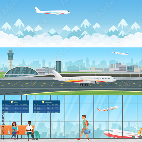 Airport detailed horizontal vector banners templates. Waiting room in terminal with passengers people. Travel concept flying aircraft with mountains in clouds.