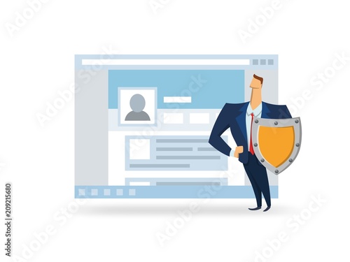 Man with the shield in front of open browser window. GDPR officer protecting data. GDPR, AVG, DSGVO, DPO. Flat vector illustration. Isolated on white background.