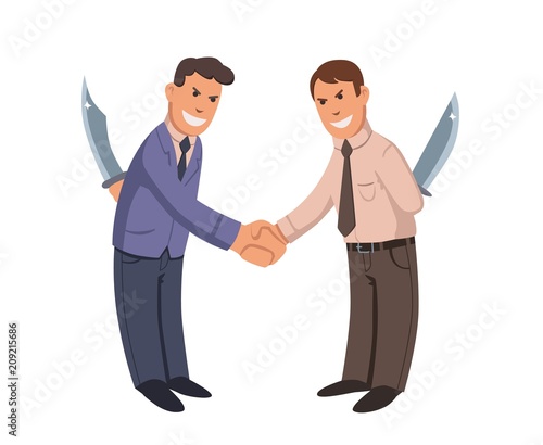 Two men shaking hands with knives behind their backs. Businessmen-hypocrites. Flat vector illustration. Isolated on white background.