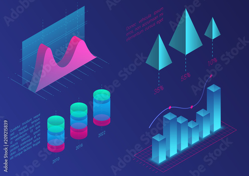 Infographic isometric vector graph elements. Data and business financial diagrams graphs. Statistic data. Gradient color template for presentation, sales banner, income report design, website.