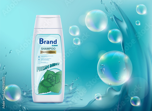 Packing a bottle with hair shampoo. A refreshing smell of mint