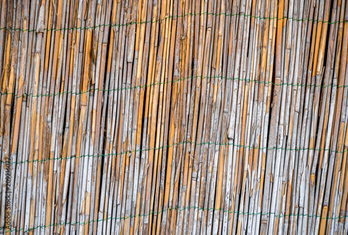 Wavy  weathered  tarnished  partially peeled reed fence texture in an old barn