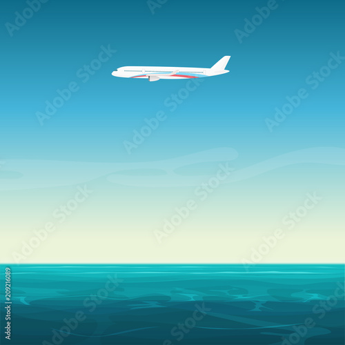 Aircraft airplane in the empty sky under ocean sea cartoon vector illustration.