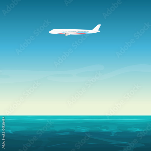 Aircraft airplane in the empty sky under ocean sea cartoon vector illustration.