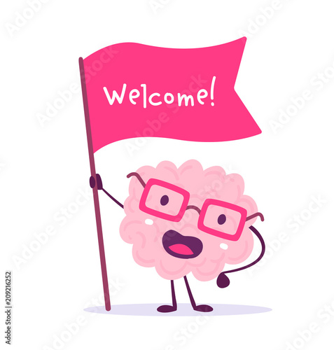 Vector illustration of pink color smile brain with glasses holding red flag on white background. Welcome cartoon brain concept.