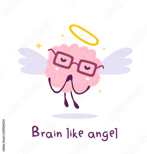 Vector illustration of flying pink color smile brain with glasses, wing, nimbus on white background. Angel cartoon brain concept.