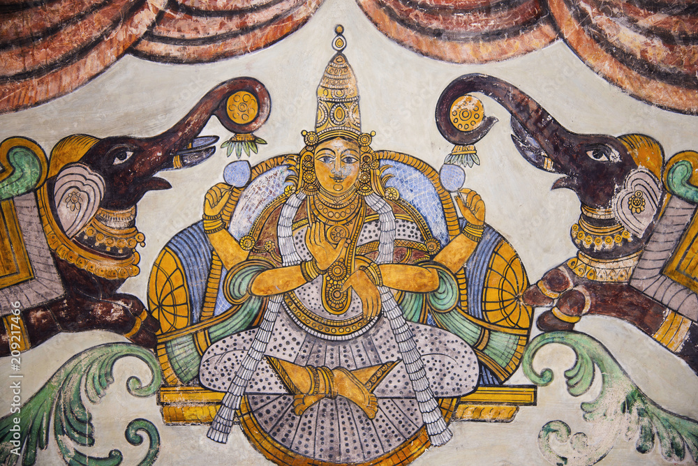 Nayaka painting of Gajalakshmi on the inside wall of the cloister mandappa. Brihadishvara Temple, Thanjavur, Tamil Nadu