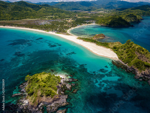 Aerial drone view of Nacpan Beach on Palawan Island in the Philippines