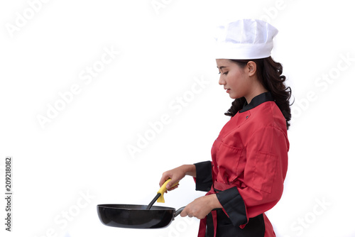 Happy healthy young woman preparing fresh food for perfect health and losing weight on white background.