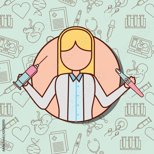 pregnancy fertilization hearts medical tools background doctor holding injections tests vector illustration