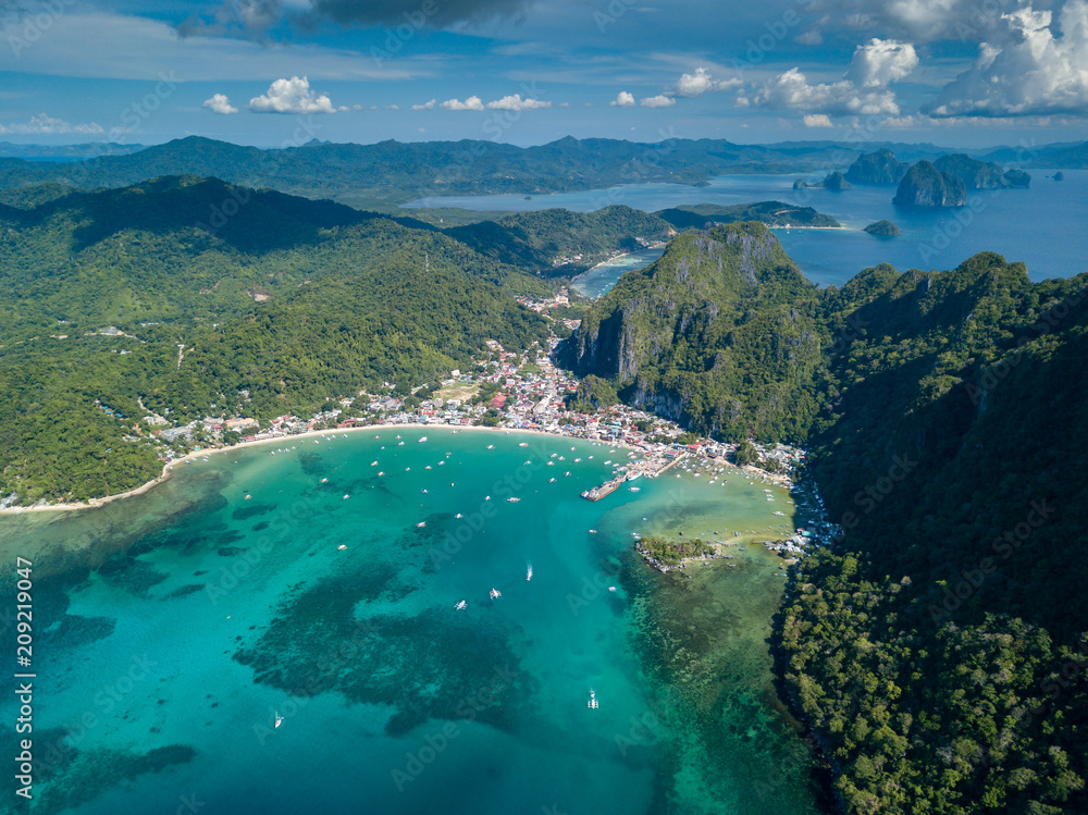 Aerial drone view of the town of El Nido in Palawan, Philippines
