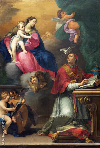 REGGIO EMILIA, ITALY - APRIL 12, 2018: The painting of Madonna with the child and the saint in church Basilica di San Prospero by Camillo Procaccini (1585 - 1587). © Renáta Sedmáková