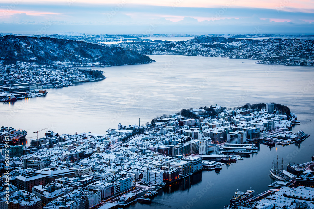 nice view from the mountains in the winter of Bergen, Norway