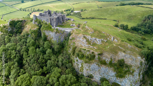 Aerial view of Carreg Cennen Castle in rural Camarthenshire photo