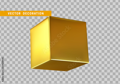 Golden 3d cube, geometric gold square isolated realistic on transparent background.