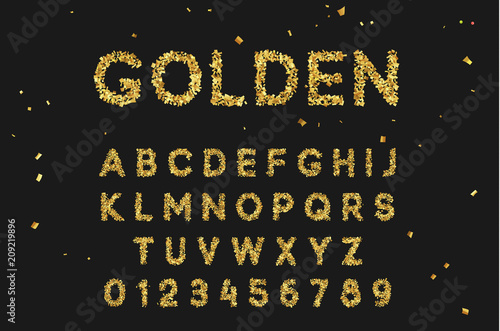 Gold Font set with letters from multi-colored paper confetti.