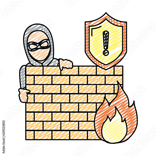 doodle thief with mask behind brick wall and fire caution