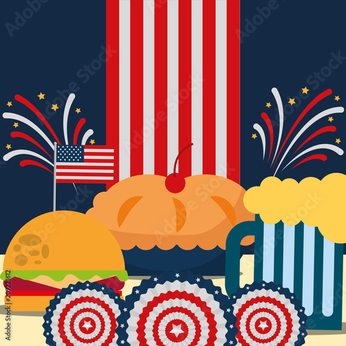 food american independence day usa flag background fireworks cherry pie hamburger beer vector illustration photo