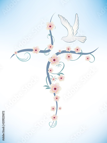 Christian baptism concept with cross flowers and dove
