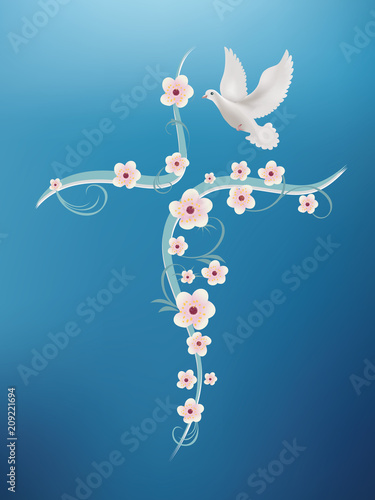 Christian baptism cross with flowers and dove on a blue background