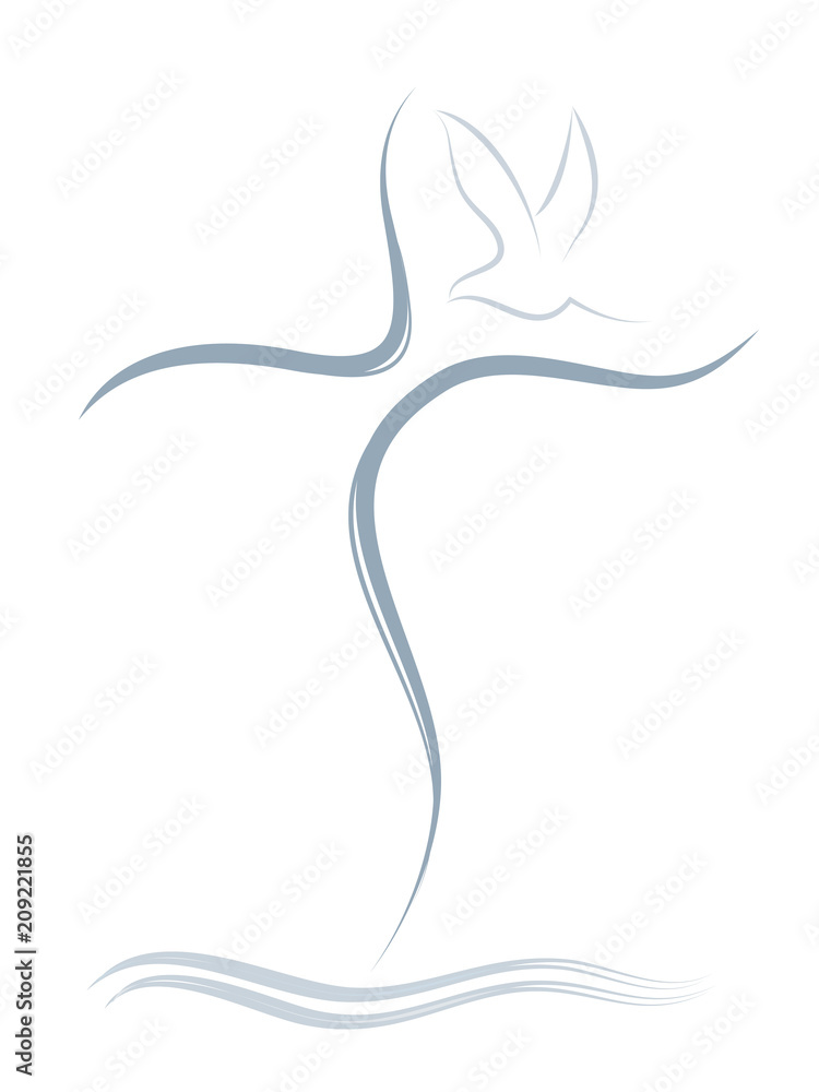 Obraz premium Concept baptism with stylized isolated Christian cross with dove and water waves