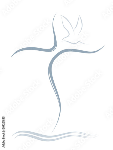 Concept baptism with stylized isolated Christian cross with dove and water waves