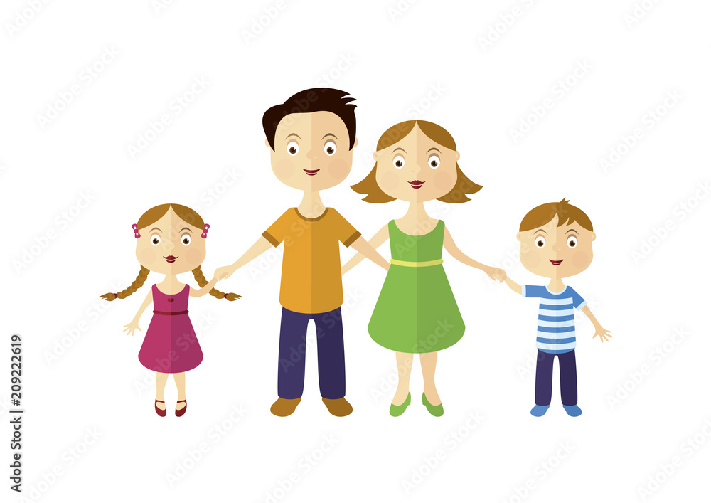 Daddy with mum and kids vector. Family vector illustration. Parents and children cartoon character