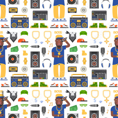 Hip hop man accessory musician vector accessories microphone breakdance expressive rap modern young fashion person seamless pattern background people illustration.