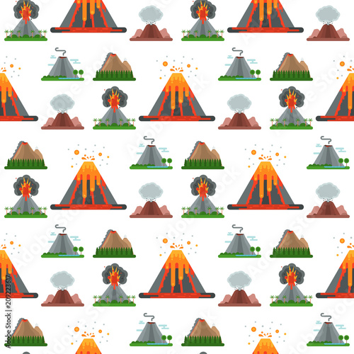 Volcano magma vector nature blowing up with smoke crater volcanic mountain hot natural eruption earthquake seamless pattern background illustration.