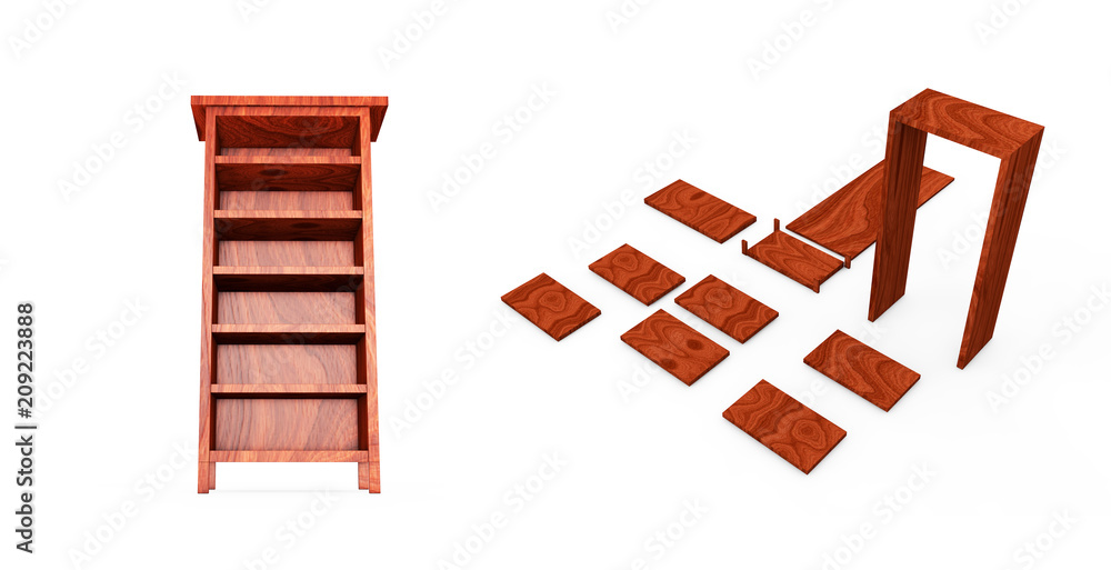 Naklejka Set wooden shelf isolated on background. 3d rendering