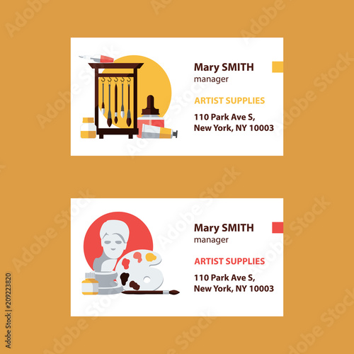 Vector business cards for artist supplies store manager with brushes, gypsum head, ink bottles, palette and text template. Flat artistic design