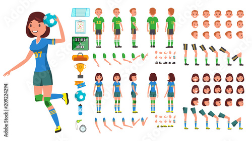 Handball Player Male, Female Vector. Animated Character Creation Set. Man, Woman Full Length, Front, Side, Back View, Accessories, Poses, Face Emotions, Gestures. Isolated Flat Cartoon Illustration
