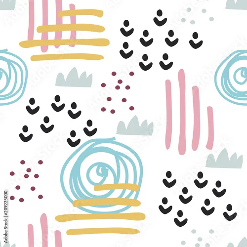 Tapety Abstrakcjonistyczny bezszwowy wzór z grunge uderzeniami, kropkami i elementami dekoracyjnymi. Do tapet, tekstyliów i tkanin. Rysunki dzieci.