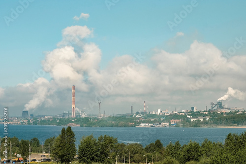 The most polluted city in Russia is Cherepovets. Gray smoke from the pipes smog clouds over the city. Landscape. high mortality. Contaminated environment. Metallurgical factory, environmental problem.