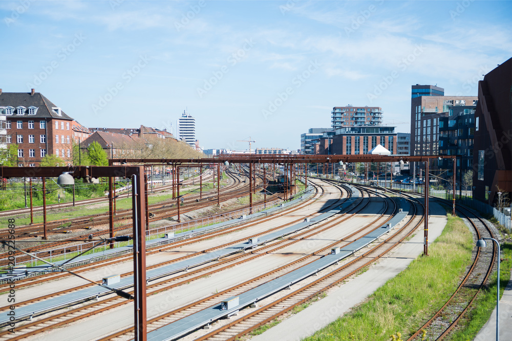 Naklejka premium high angle view of railroad and train station in copenhagen, denmark