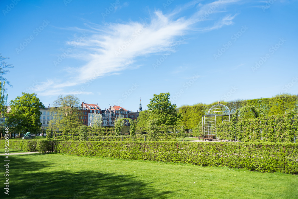 Obraz premium beautiful green lawn with trees and bushes in botanical garden in copenhagen