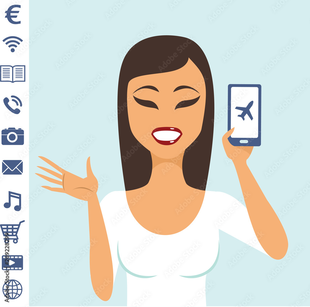 Young girl character showing smartphone with icons