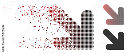 Vector arrow down right icon in fractured, pixelated halftone and undamaged solid variants. Disappearing effect uses rectangular scintillas and horizontal gradient from red to black.
