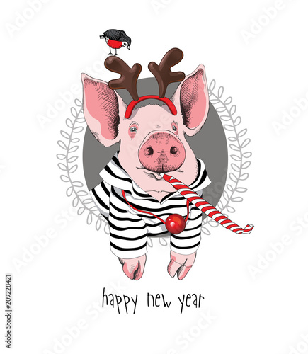Christmas card. Portrait of the pink Pig in a striped cardigan, Santa's deer mask and with a red funny party whistle blowing on a gray background. Vector illustration.