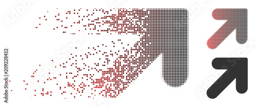 Vector arrow up right icon in fractured, dotted halftone and undamaged entire variants. Disappearing effect uses rectangle sparks and horizontal gradient from red to black.