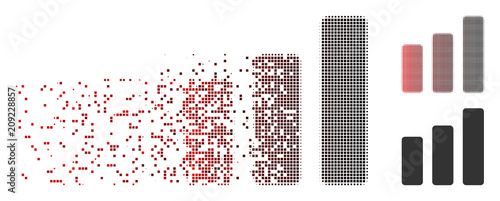 Vector bar chart increase icon in fractured, dotted halftone and undamaged solid variants. Disappearing effect involves rectangular sparks and horizontal gradient from red to black.