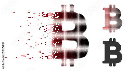 Vector Bitcoin icon in dissolved, pixelated halftone and undamaged whole variants. Disappearing effect uses square particles and horizontal gradient from red to black.
