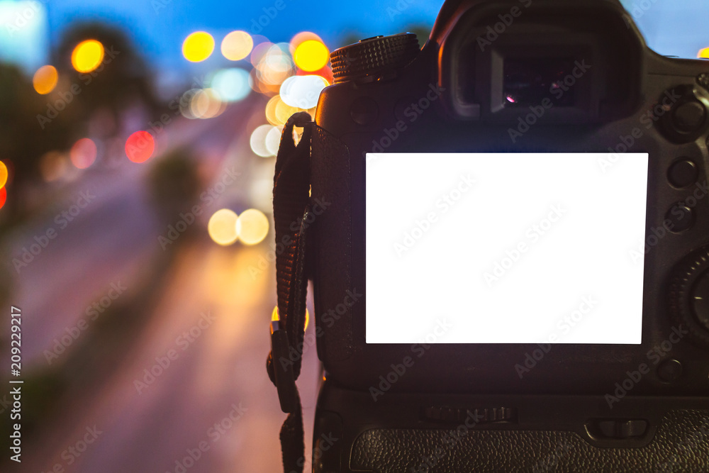 Close-up of DSLR Camera capturing on colorful light abstract circular bokeh  background,Night time,Mockup image of with blank screen,DSLR on Tripod.  Stock Photo | Adobe Stock